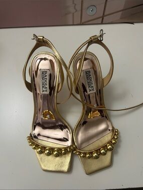 Badgley Mischka Gold Metallic Beaded Ankle-Strap Heels